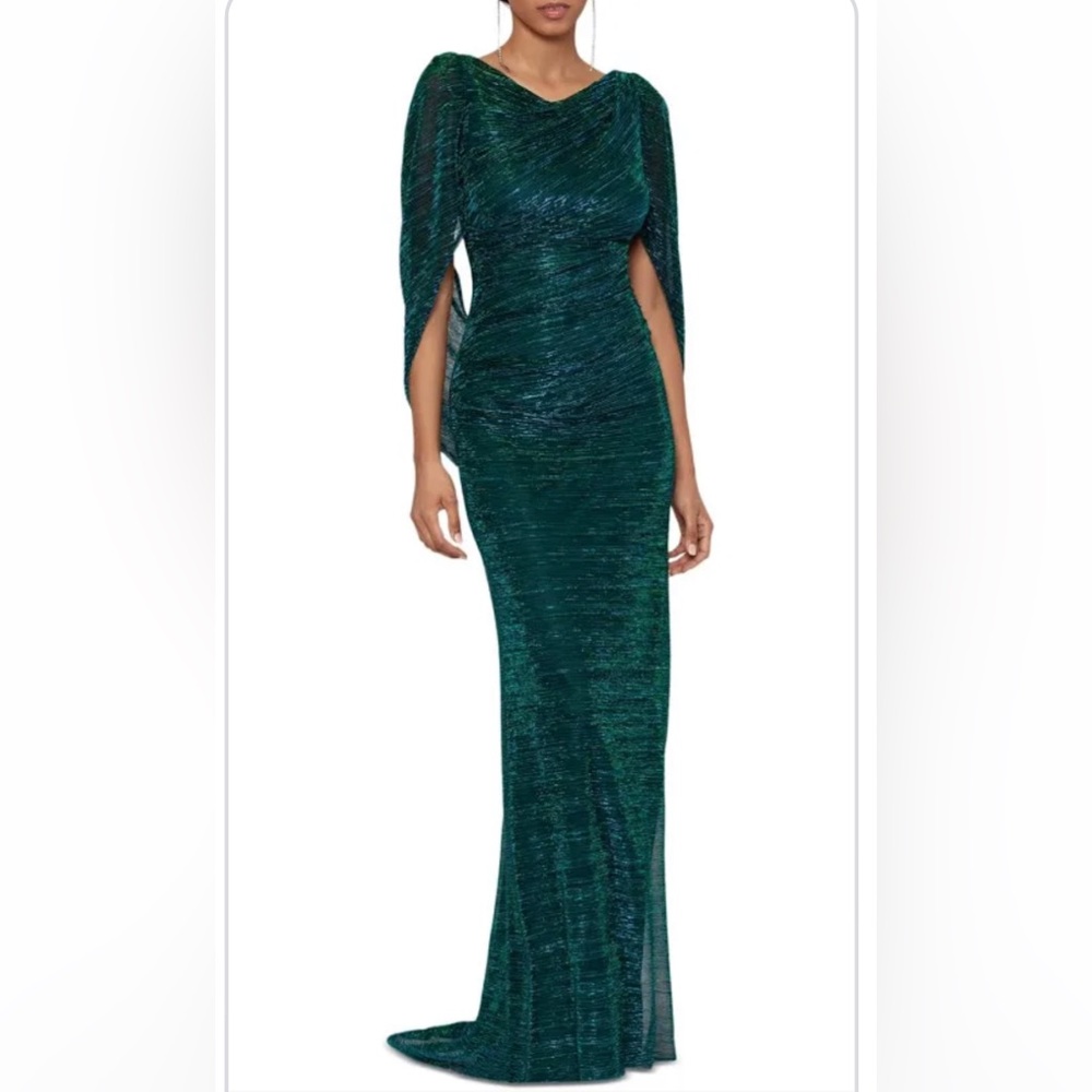 Betsy & Adam Metallic Cape Sleeve Gown